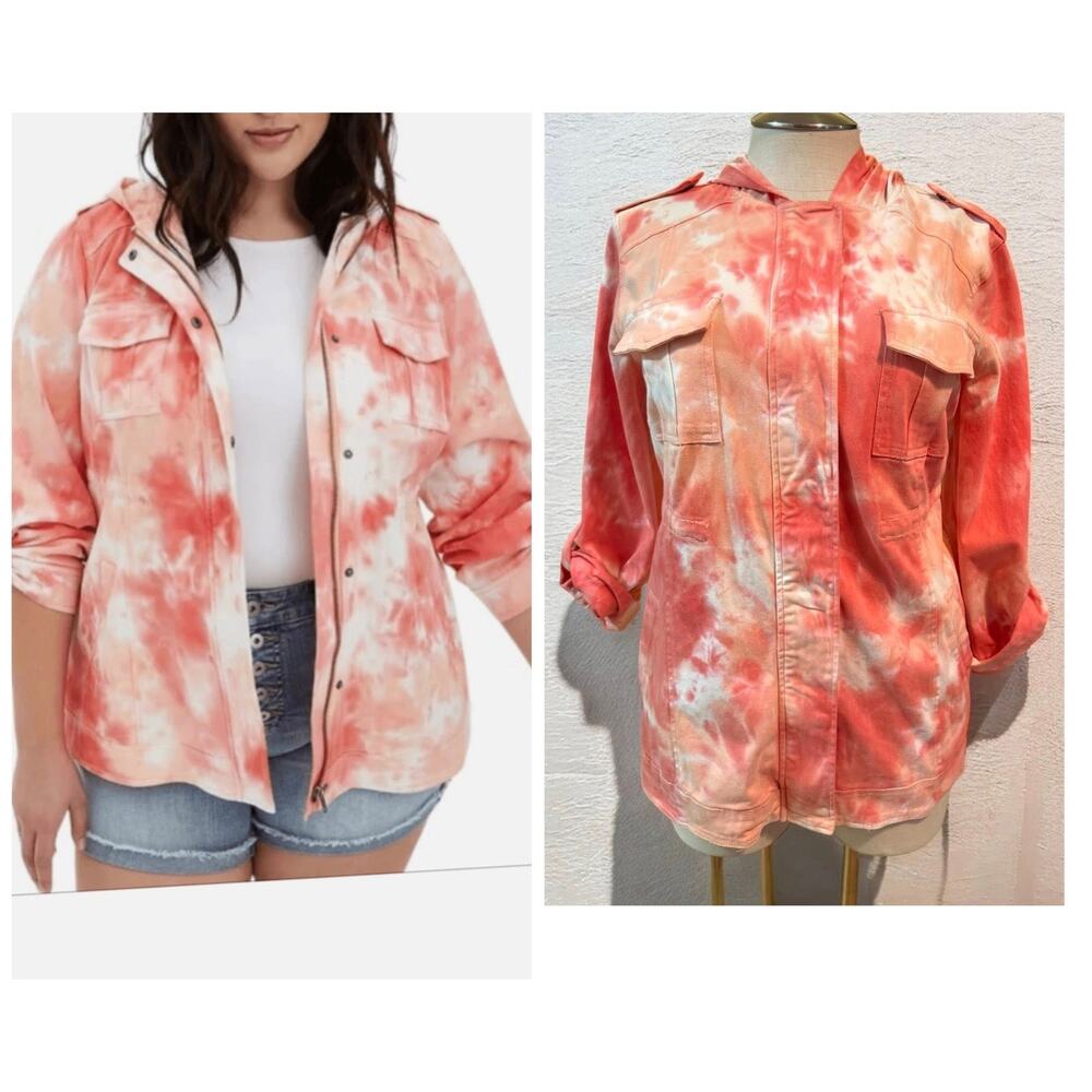 Torrid 2 (2X 18/20) Orange Tie Dye Twill Anorak Punk Boho Hooded Jacket New